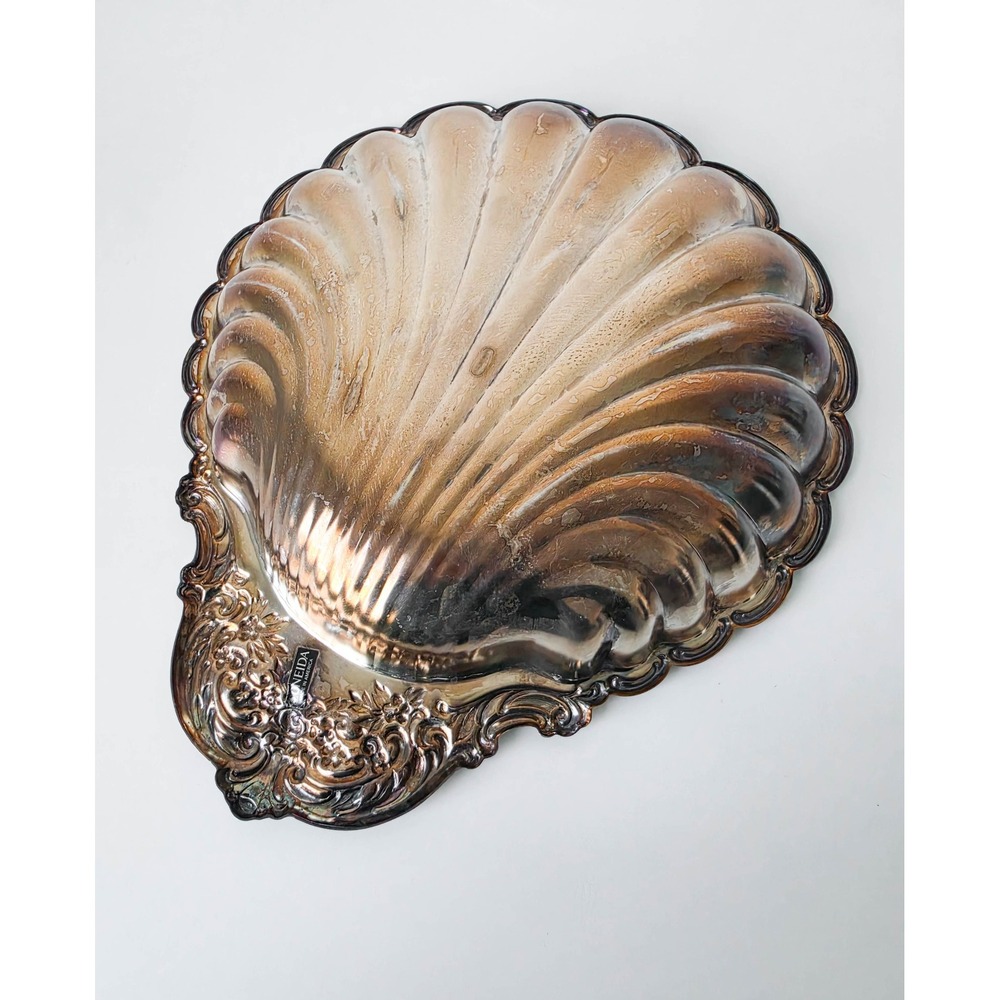 Oneida Silver Plated Scalloped Shell Serving Dish Floral Embossed Tray Vintage - Picture 4 of 8